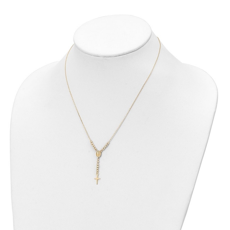 Curata 14k Yellow Gold Sparkle Cut Bead Miraculous Medal and Cross Necklace, 17"