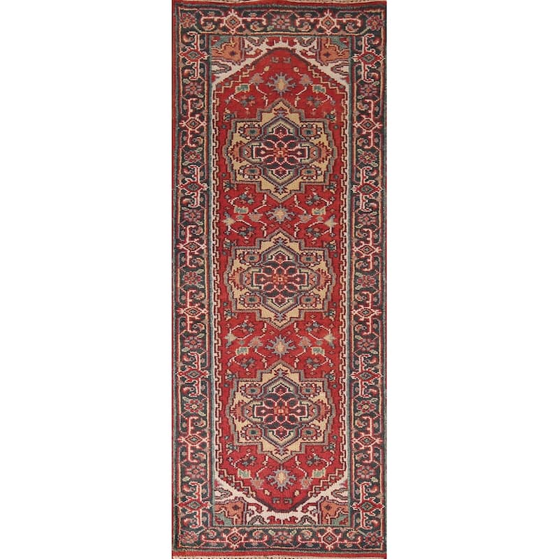 Red Heriz Serapi Runner Rug Hand-Knotted Geometric Wool Carpet - 2'6"x 7'11"