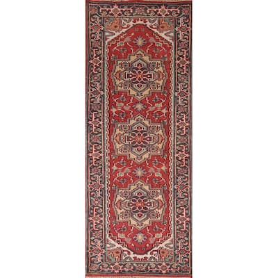 Red Heriz Serapi Runner Rug Hand-Knotted Geometric Wool Carpet - 2'6"x 7'11"