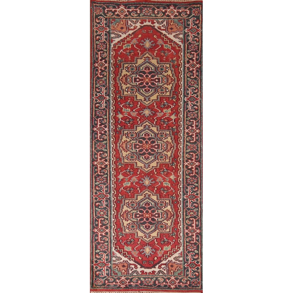 Red Heriz Serapi Runner Rug Hand-Knotted Geometric Wool Carpet - 2'6"x 7'11"