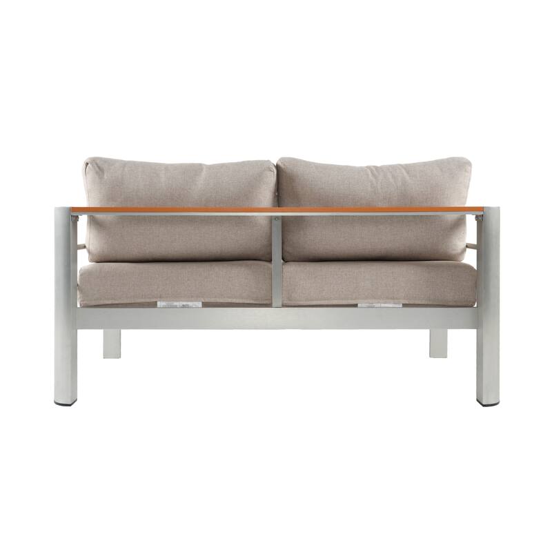 Roomfitters Cora Outdoor Aluminum Loveseat Bench with Olefin Fabric Cushions, Silver and Beige
