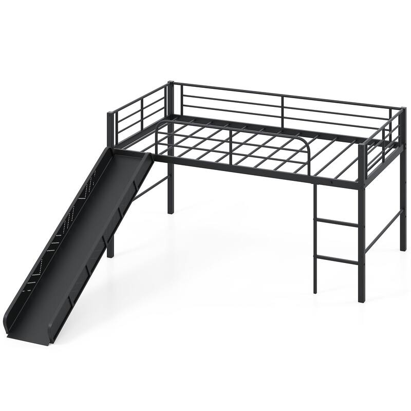 Gymax Twin Metal Loft Bed with Slide Guardrails Built-in Ladder Low