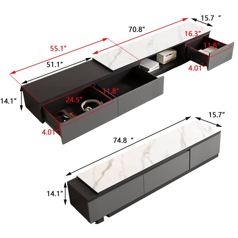 122'' Extendable TV Stand Media Console With 3 Drawers - 75'' - 122''