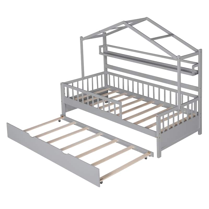 Twin House Bed with Trundle and Storage Shelves, Playful Kids Bed with Roof