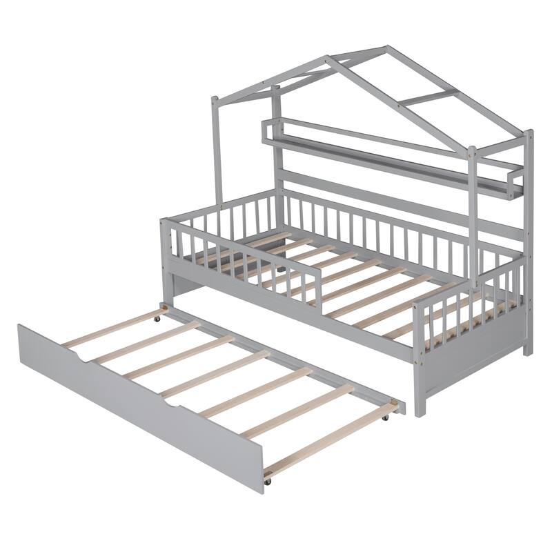 Cute Wooden Twin or Full House Bed with Trundle, Kids Bed Wood Platform Bed Frame with Safety Guardrail & Storage Shelf