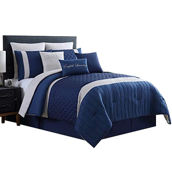 Basel Pleated Queen Comforter Set with Diamond Pattern The Urban Port Blue and White