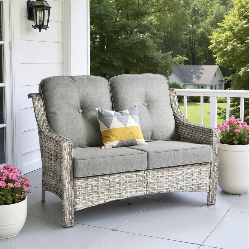 XIZZI Patio Wicker Loveseat with Cushions Outdoor 2-Seater Sofa for Patio, Deck, or Backyard - Dark Grey