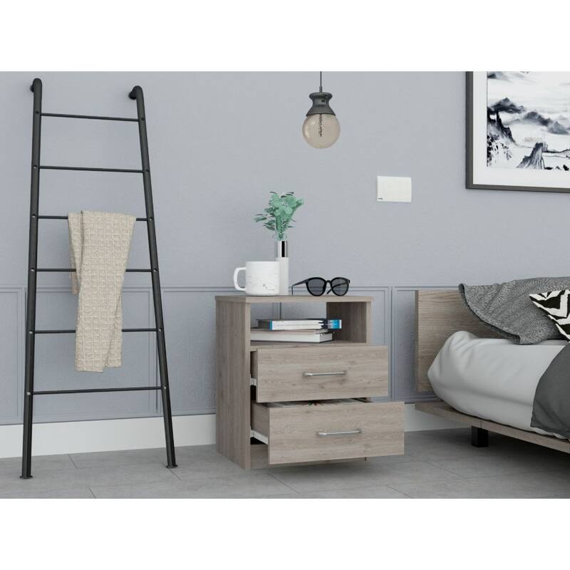 Modern Light Gray Nightstand with Two Drawers and Shelf, Compact and Functional for Bedroom or Living Room