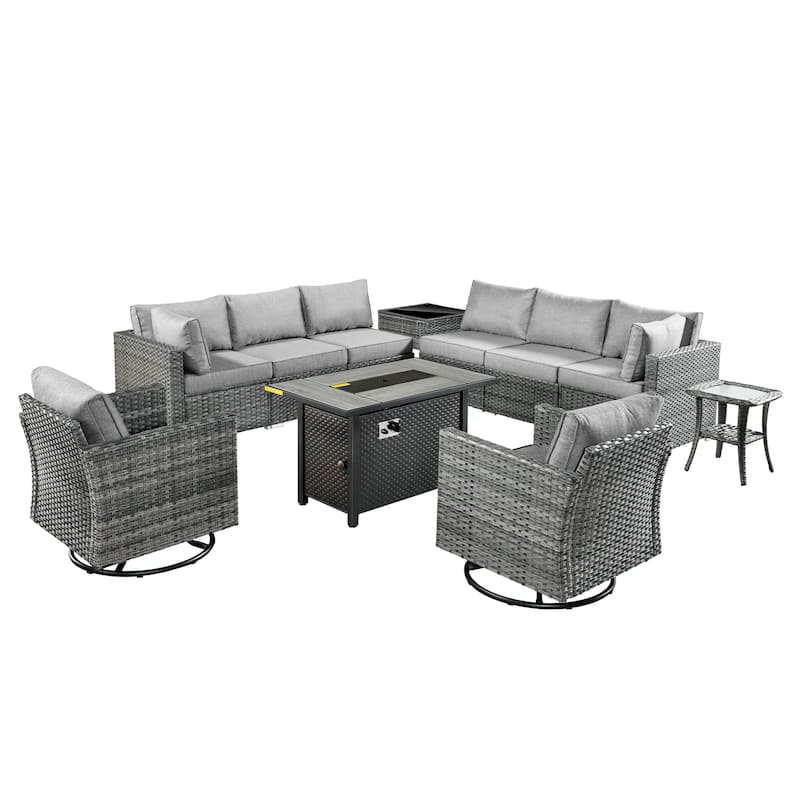 HOOOWOOO 11-piece Rattan Wicker Outdoor Furniture Set Swivel Chairs with Fire Pit