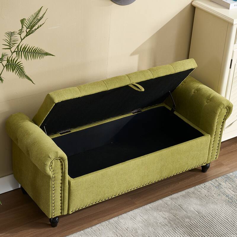 Upholstered Storage Ottoman Bench - Button Tufted Linen Ottoman with Hidden Storage for Living Room or Bedroom