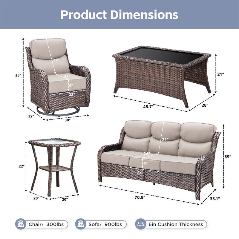 Meyreso 7-Piece Wicker Patio Conversation Set with Swivel Gliders and 6-Inch Thick Cushions