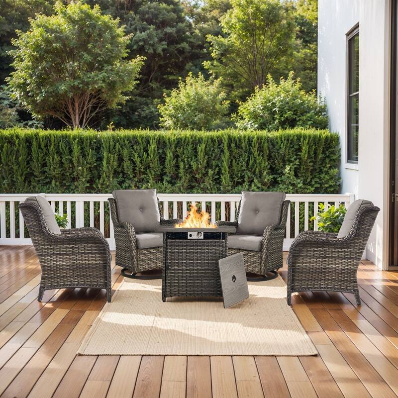 Pocassy Fire Pit Table with Sofa Swivel Chairs Set - Grey Wicker Gray Cushion - 7 Pieces Chairs with Fire Table