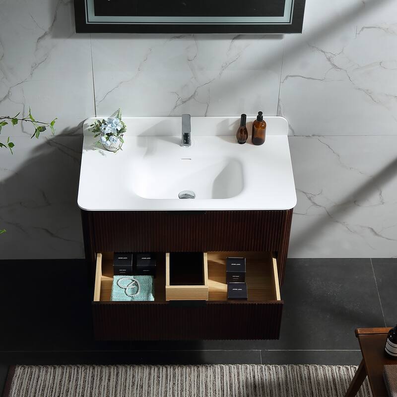 Modland Fluted Floating Vanity with Sink, Plywood Wall Mount Cabinet, Curved Edge, 24/30/36 Inch