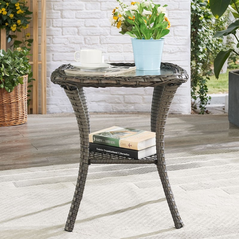Stylish Outdoor Wicker side Table with Glass Top