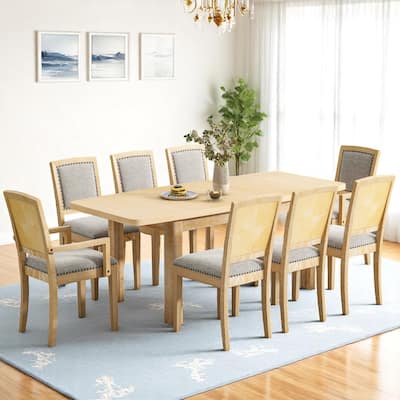 84" Extendable 9-Piece Dining Table Set with 24" Removable Leaf, 6 Upholstered Armless Chairs and 2 Arm Chairs for Dining Room