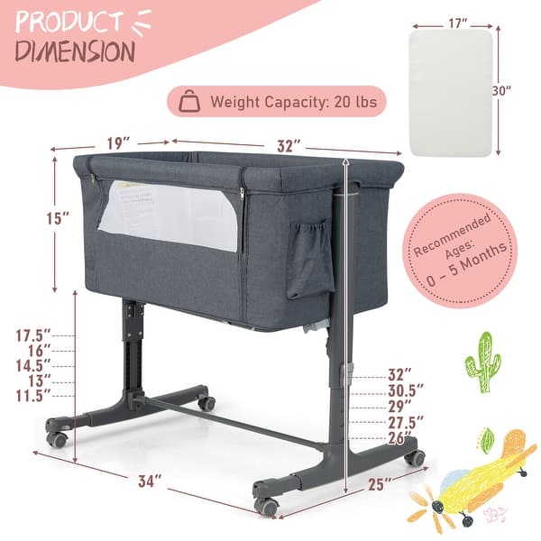 dimension image slide 1 of 3, Babyjoy 3-in-1 Baby Bassinet Beside Sleeper Crib with 5-Level - See Details