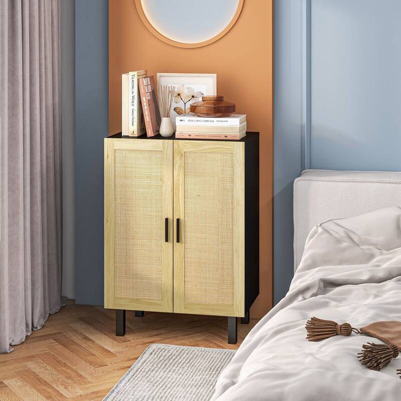 Boho Design Buffet Cabinet with 2 Rattan Doors and Adjustable Shelves for Living Room