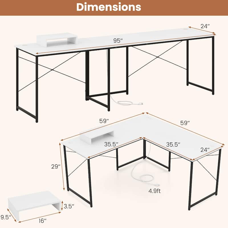 White Reversible Workstation Desk with Steel Frame Monitor Display Shelf and Stable Adjustable Feet
