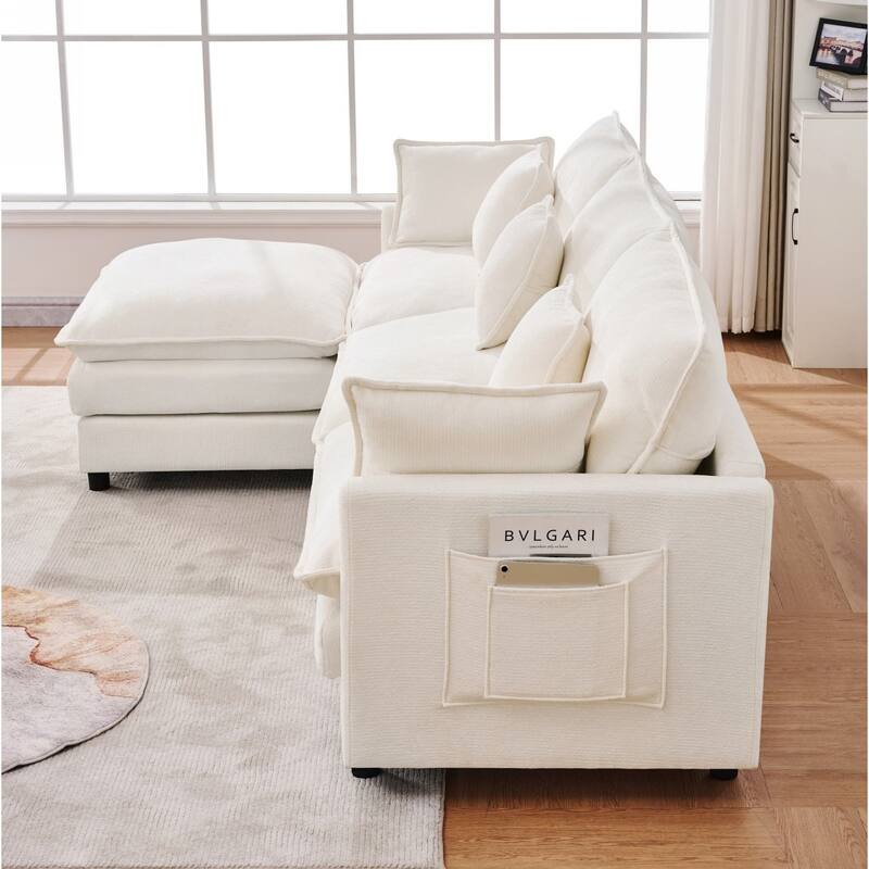 101.9" L-shaped Cashmere Sectional Sofa with Pillows and Movable Ottoman