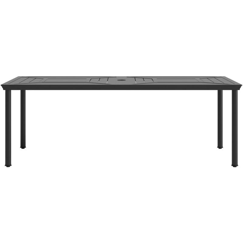 Hanover Montclair 9-Piece Dining Set in Navy Blue with 8 Swivel Rockers and a 42-In. x 84-In. Table