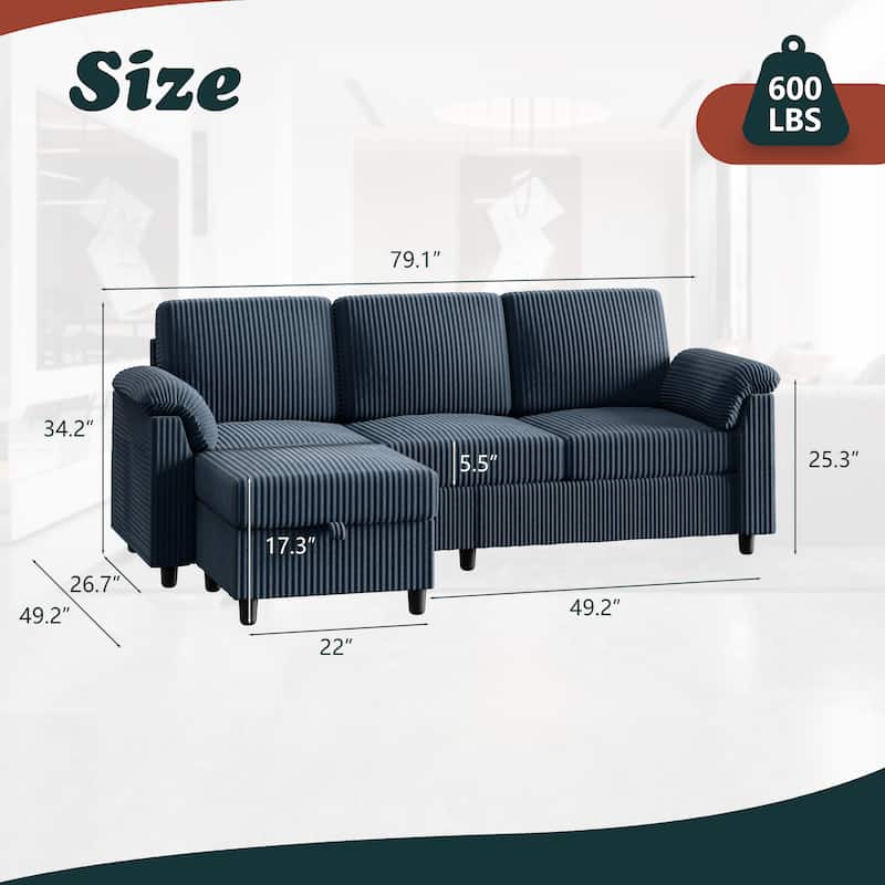 Futzca 79'' Corduroy Sectional Sofa Couch with Removable Pillow