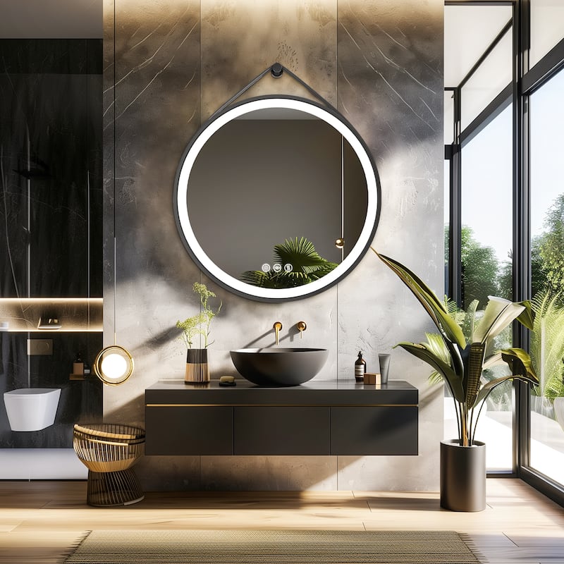 Round Black Framed Bathroom Mirrors Vanity Lighting with Microfiber Leather Hanging Strap - 28" Dia.