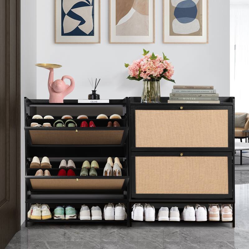Free-standing Two-tier Flip-out Drawer Wooden Shoe Storage