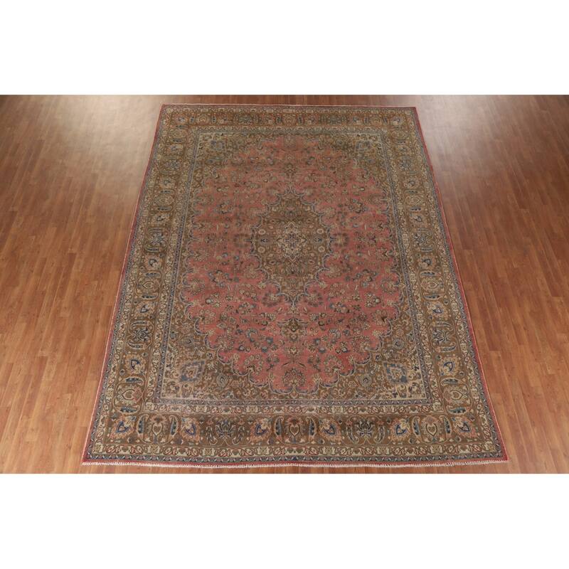 Hand Knotted Oriental 100% Wool Carpet Traditional Floral Pink Mashad Area Rug - 12' 10'' X 9' 7''