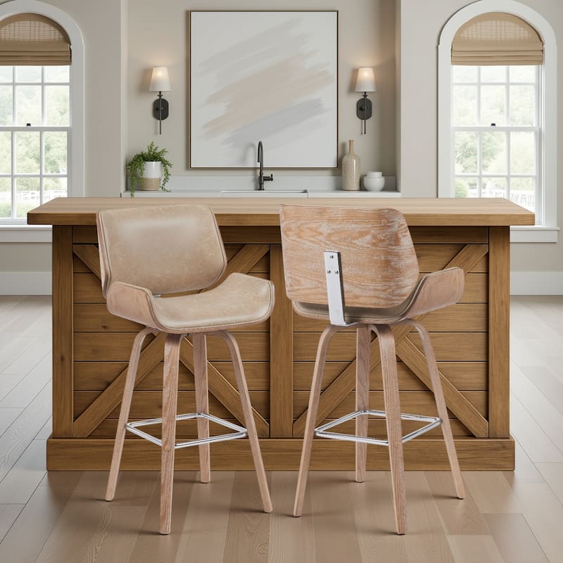 Tyler Mid-Century Swivel Bar Stool, Upholstered Counter Height Chair with Bentwood Legs - Vintage Brown & White Wash - Bar Height - Set of 2