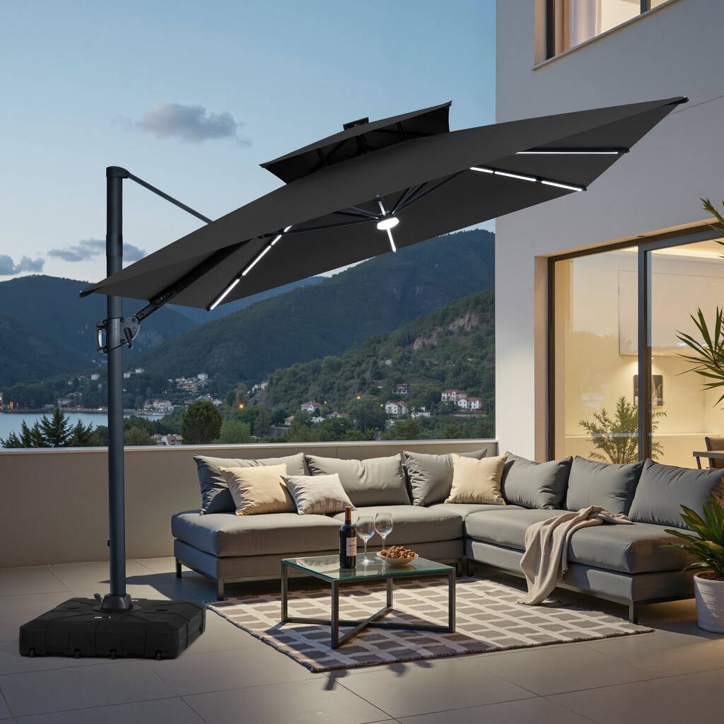 9 x11 FT Double Top Solar powered LED Lighted Patio Cantilever Rectangle Umbrella with Base