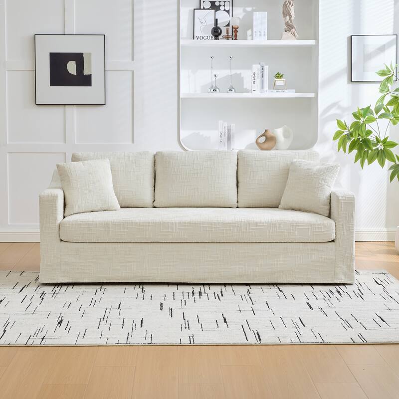 Oversized Chenille Upholstered 3 Seater Sofa, Deep Seat Sofa with Pillows, Lounge Sofa with Removable Upholstery Cover - Beige