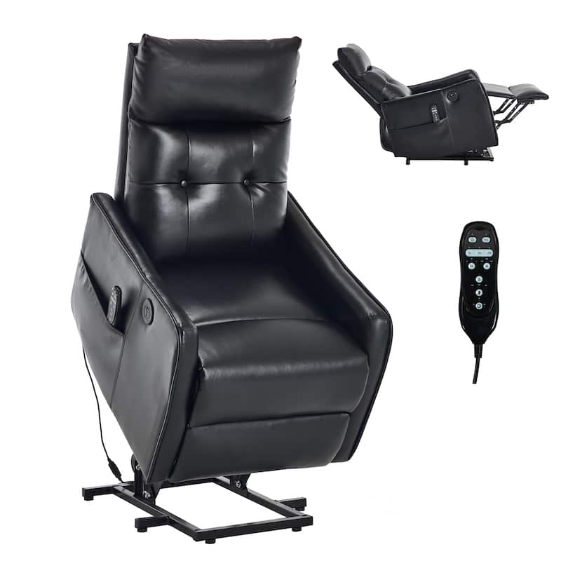 PU Leather Recliner with Single Motor Lift Massage Heat and 155 Degree Recline