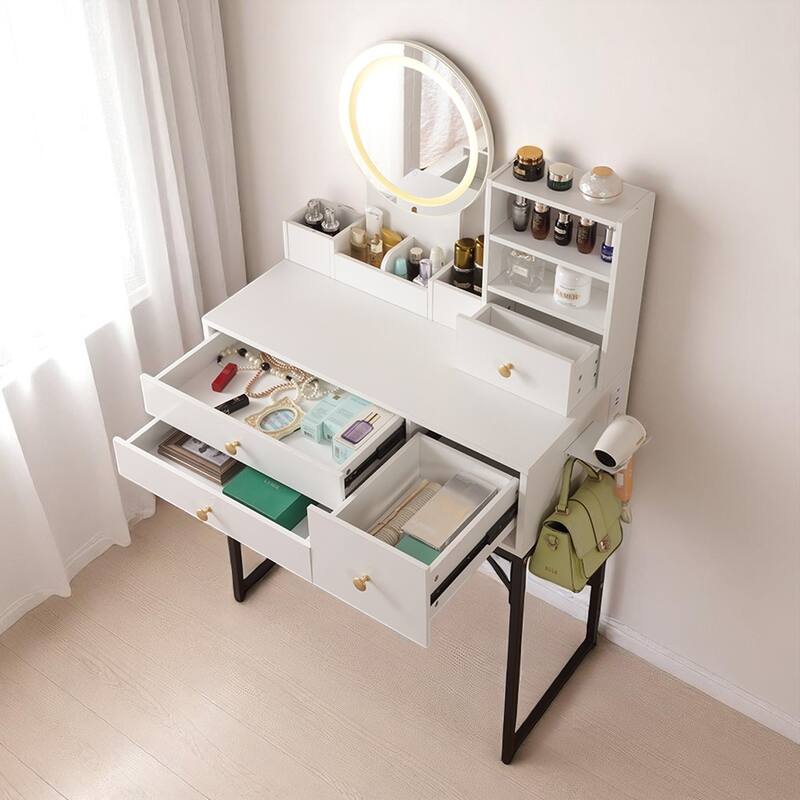 Makeup Vanity Table with Lighted Mirror & Power Outlet - Storage Drawers, Bookshelves & Iron Bracket