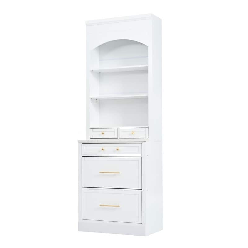 Modern 83.7-Inch Tall Kitchen Pantry with Faux Marble Top, Display Cabinet, 5 Drawers & Adjustable Shelf‌