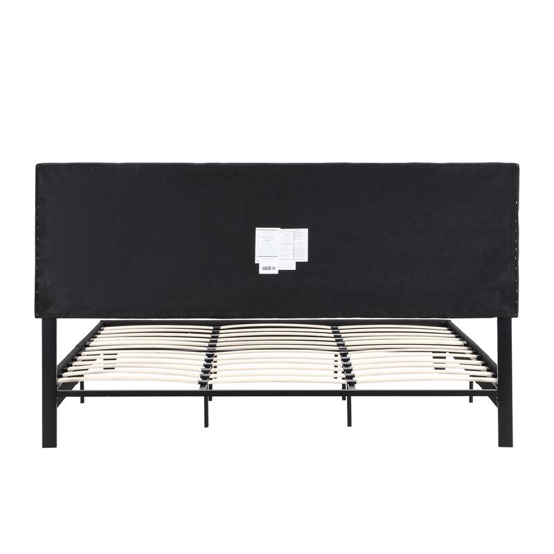 Black King Size Upholstered Bed with Linen Fabric Headboard