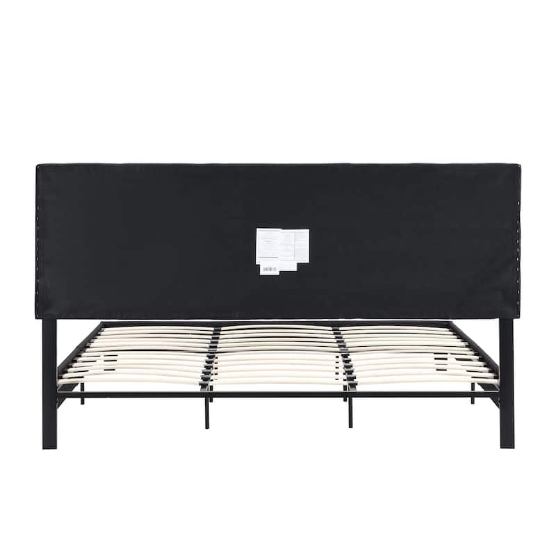 King Size Upholstered Platform Bed with Linen Fabric Headboard for Bedroom