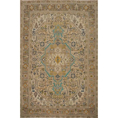 Hand Knotted Oriental 100% Wool Carpet Traditional Floral Beige & Ivories Tabriz Area Rug - 10' 8'' X 7' 8''