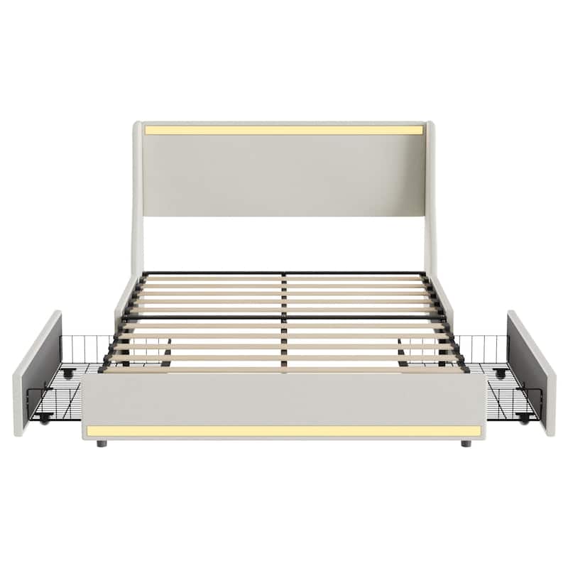VECELO Modern LED Upholstered Platform Bed Frame with 2 Storage Drawers, USB & Type-C Ports, Full/Queen Size Bed