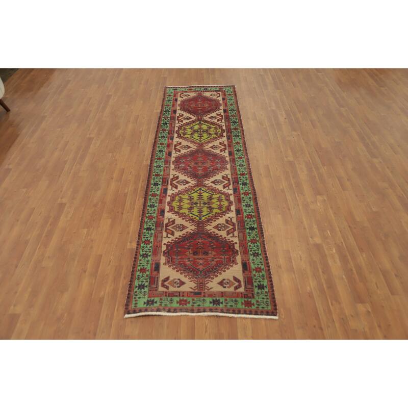 Hand Knotted Oriental 100% Wool Carpet Traditional Tribal Beige & Ivories Ardebil Runner Rug - 10' 5'' X 3' 1''