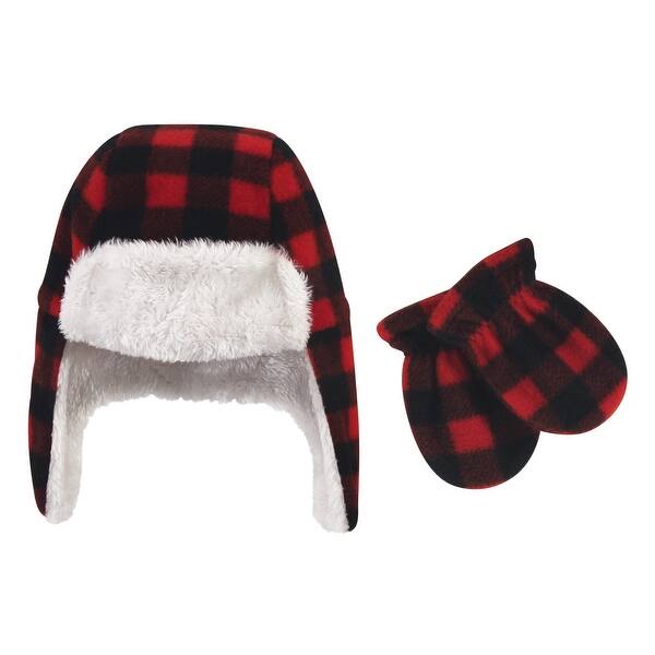 slide 1 of 1, Hudson Baby Infant and Toddler Fleece Trapper Hat and Mitten 2pc Set, Black Red Plaid 12-18 Months - Black Red Plaid Toddler