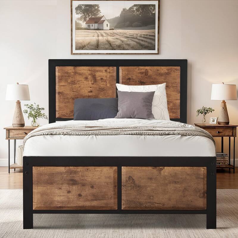 VECELO Platform Bed Frame with Wooden Headboard, Heavy Duty Steel Slats Support, No Box Spring Needed - Rustic Brown - Twin