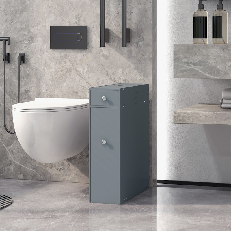 HOMCOM Gray Bathroom Floor Organizer Free Standing Space Saving Narrow Storage Cabinet Bath Toilet Paper Holder with Drawers - grey