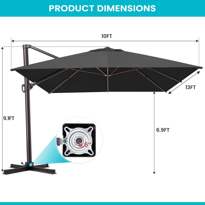 10x13FT Patio Cantilever Umbrella Outdoor Offset Umbrella 360-Degree Rotation with No Base