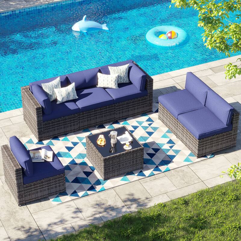 AOXUN Wicker Rattan Outdoor Sectional Sofa Set with Coffee Table - 7 pcs - Grey-Blue