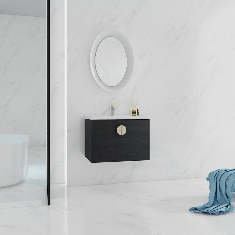 28 Inch Plywood Wall Mounted Bathroom Vanity Set in Black with Integrated Ceramic Basin - 28" x 21" in. - Painted - Black