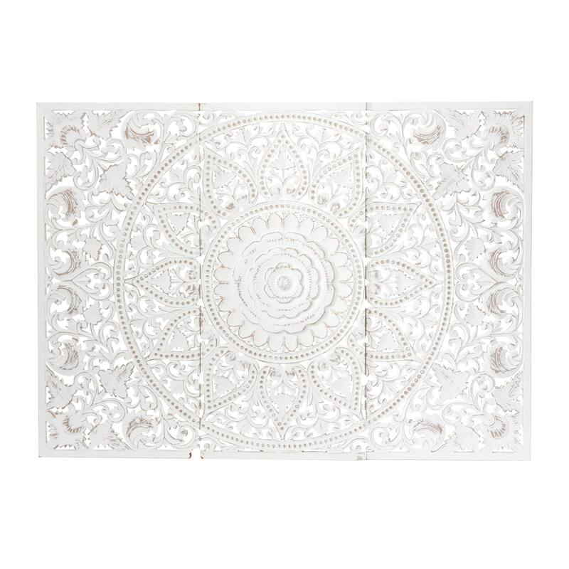 Wooden Handmade Intricately Carved Floral Wall Decor with Mandala Design (Set of 3) - Brown or White