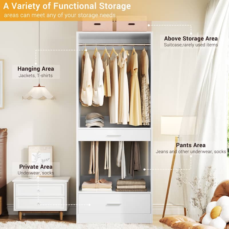 Qvella 23.6'' W Closet System with Hanging Rods and Wooden Drawers, Modular Walk-In Closet Organizer with Pants Rack
