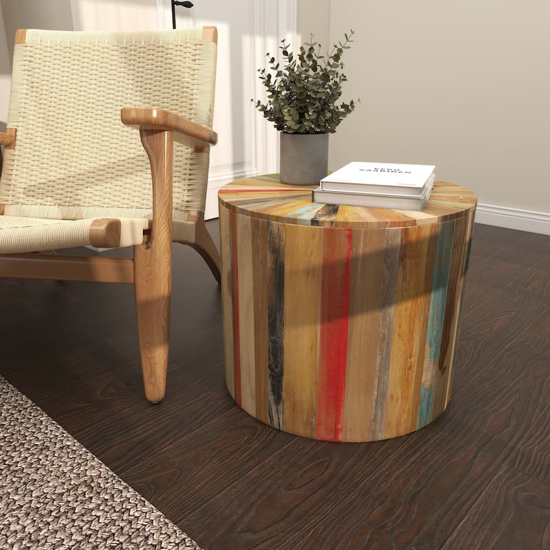 Brown Reclaimed Wood Handmade Pinwheel Drum Geometric Coffee Table with Colorful Painted Accents