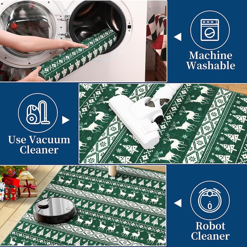 Snowflake Christmas Holiday Decorative Area Rug, for Bedroom Living Room, Green