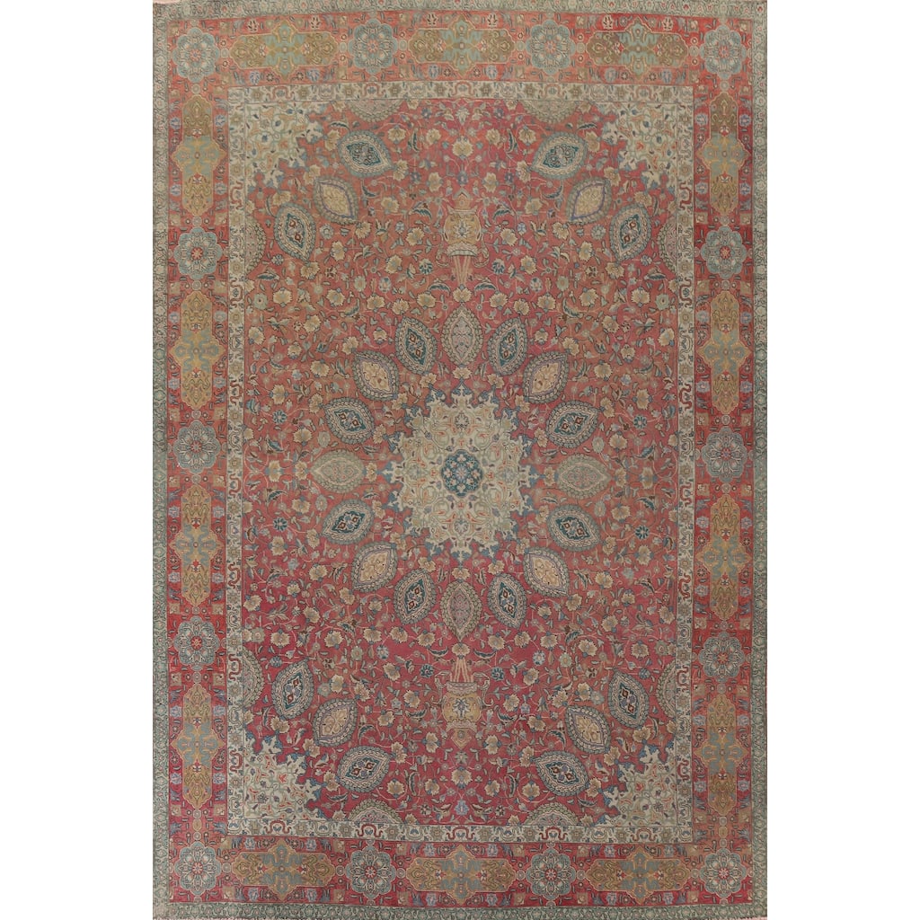 Hand Knotted Oriental 100% Wool Carpet Traditional Floral Pink Tabriz Area Rug - 12' 10'' X 9' 11''